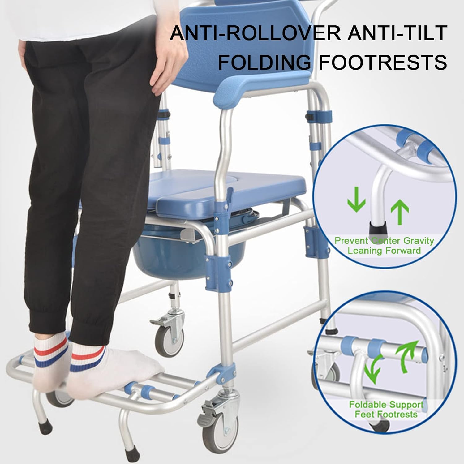 YRRA Bedside Commode, Personal Mobility Assist Shower Commode Wheelchair Transport Rolling Chair Waterproof Rolling Showerchair for Elderly Seniors, Disabled, Handicapped