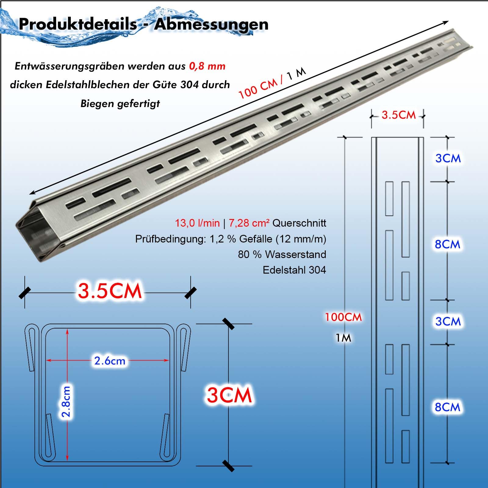Entwässerungsrinne flach 3,5 cm breit 2 m lang, ablaufrinne aussen aus 304 Edelstahl mit Kupplung, entwässerungsrinne schmal für Beton/Pflastersteine/Terrassen/Gehwege