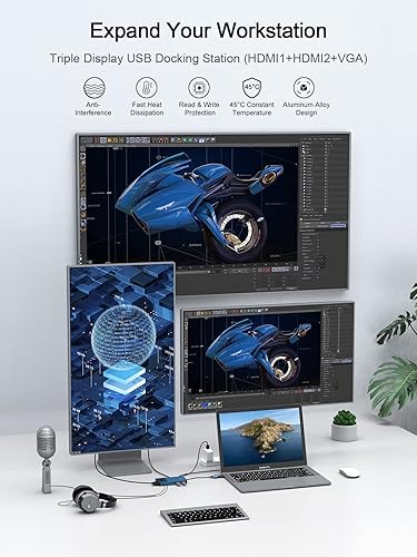 Miniatura 3 de QGeeM Estación de acoplamiento USB 3.0, concentrador USB de triple pantalla, monitor doble, estación de acoplamiento USB C para laptop compatible