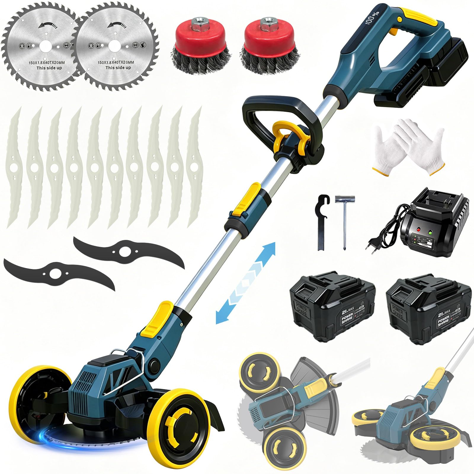 Akku Rasentrimmer für Makita-Akkus, Rasentrimmer mit Unkrautbürste und 2 x 4,0Ah Akku, 2-in-1 Akku Freischneider/Rasenkantenschneider mit 4 Klingentypen für Garden Trimmen