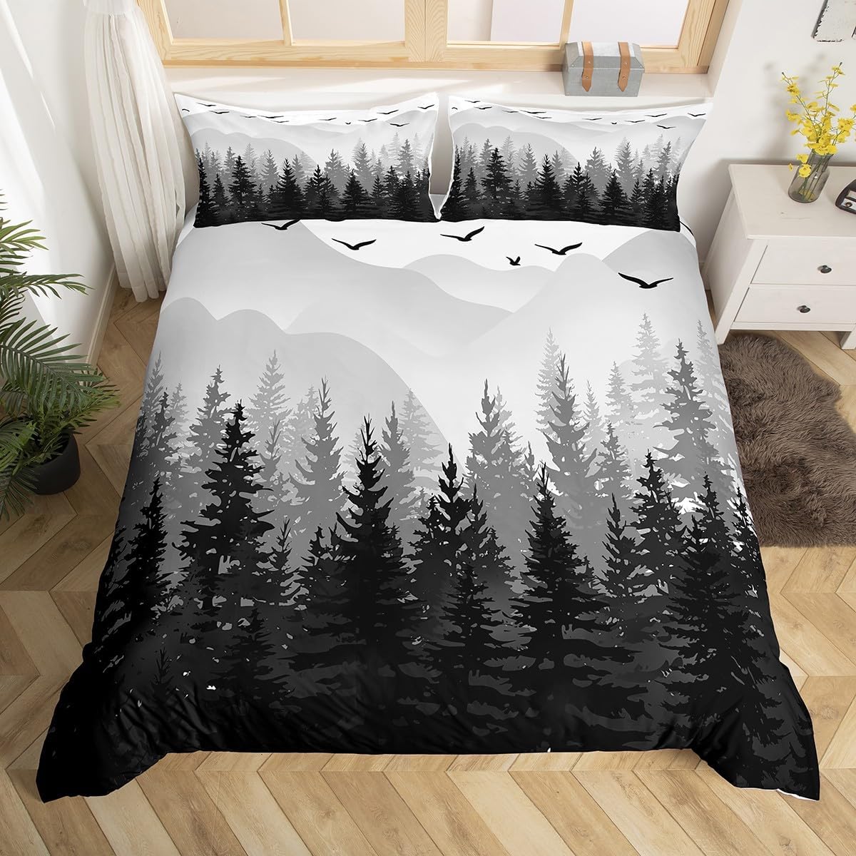 Feelyou Kids Nature Bedding Set Black and White Tree Mountain Duvet Cover Twin Size for Women Men Bedroom Natural Woodland Decor Comforter Cover Set Wild Style Bedspread Cover with 1 Pillow Case