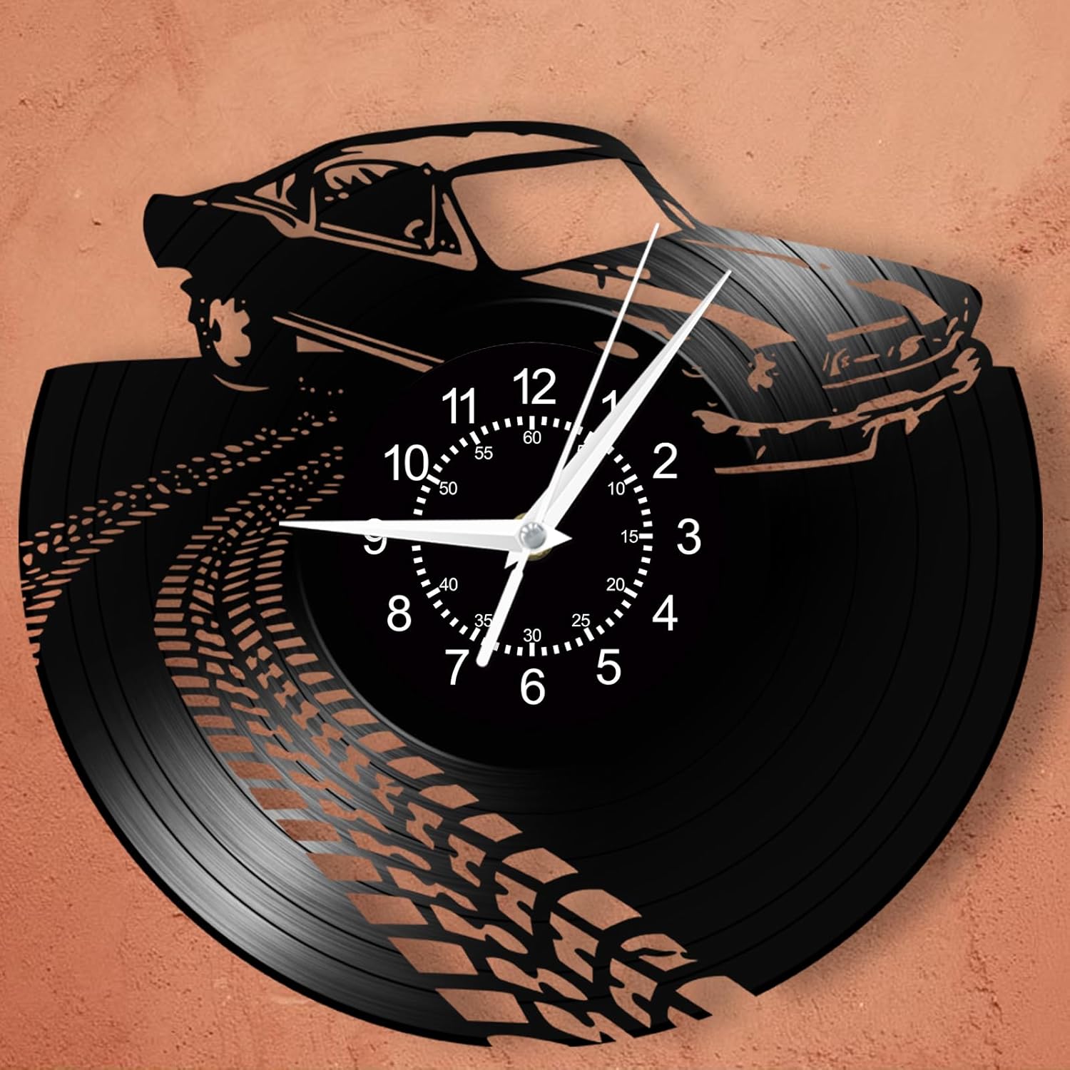 Retro Car Wall Clock, 12 Inch Classic Garage Clock Silent Quartz Non Ticking Battery Operated Vintage Decorative Analog Black Vinyl Record Wall Clock Watch for Car Shop Man Cave Game Room