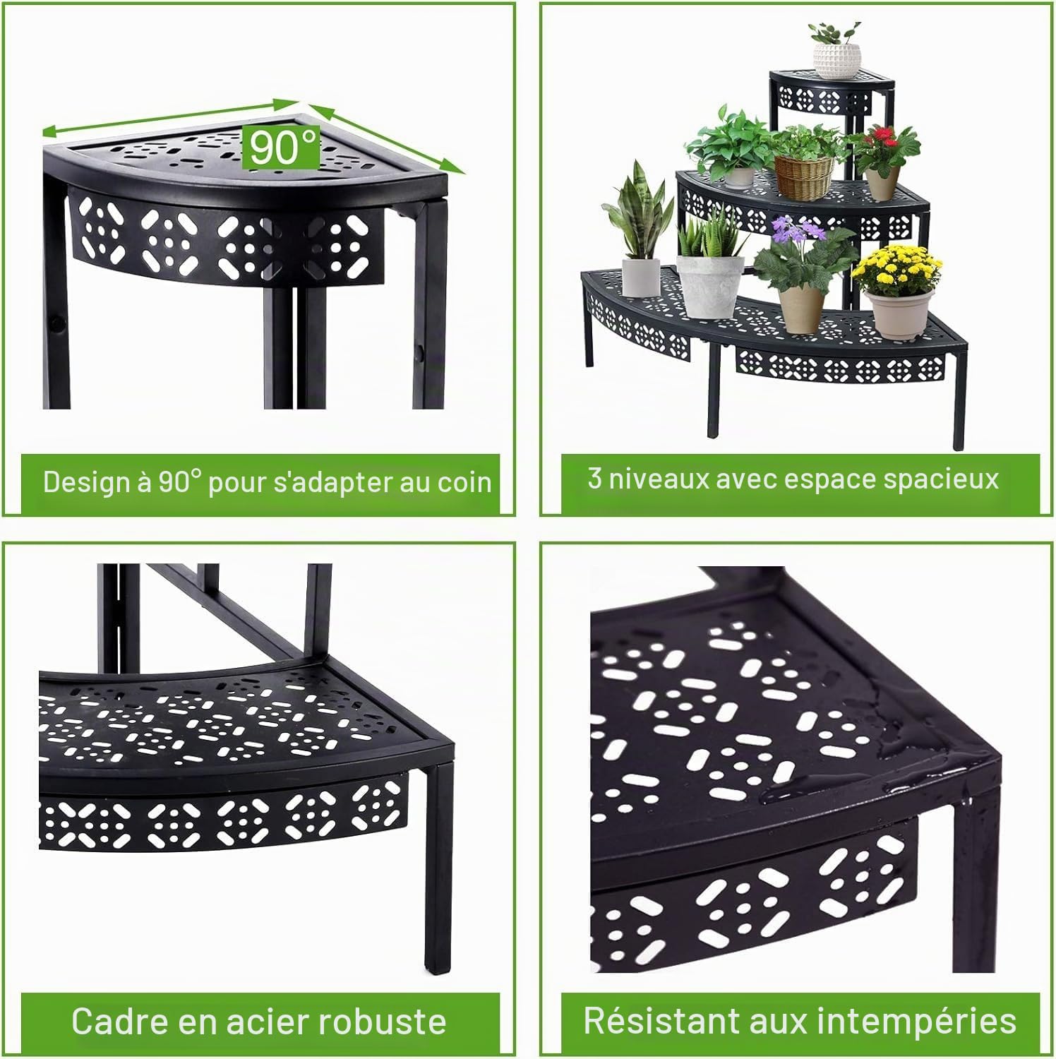 Escalier à fleurs en métal à 3 niveaux, étagère à fleurs, étagère à plantes pour jardin, balcon, intérieur et extérieur, étagère à fleurs multifonctionnelle avec grande capacité, rond, noir