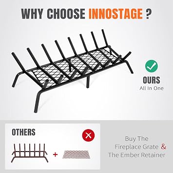 INNO STAGE 30 Inch Fireplace Grate with Ember Retainer, Indoor Outdoor