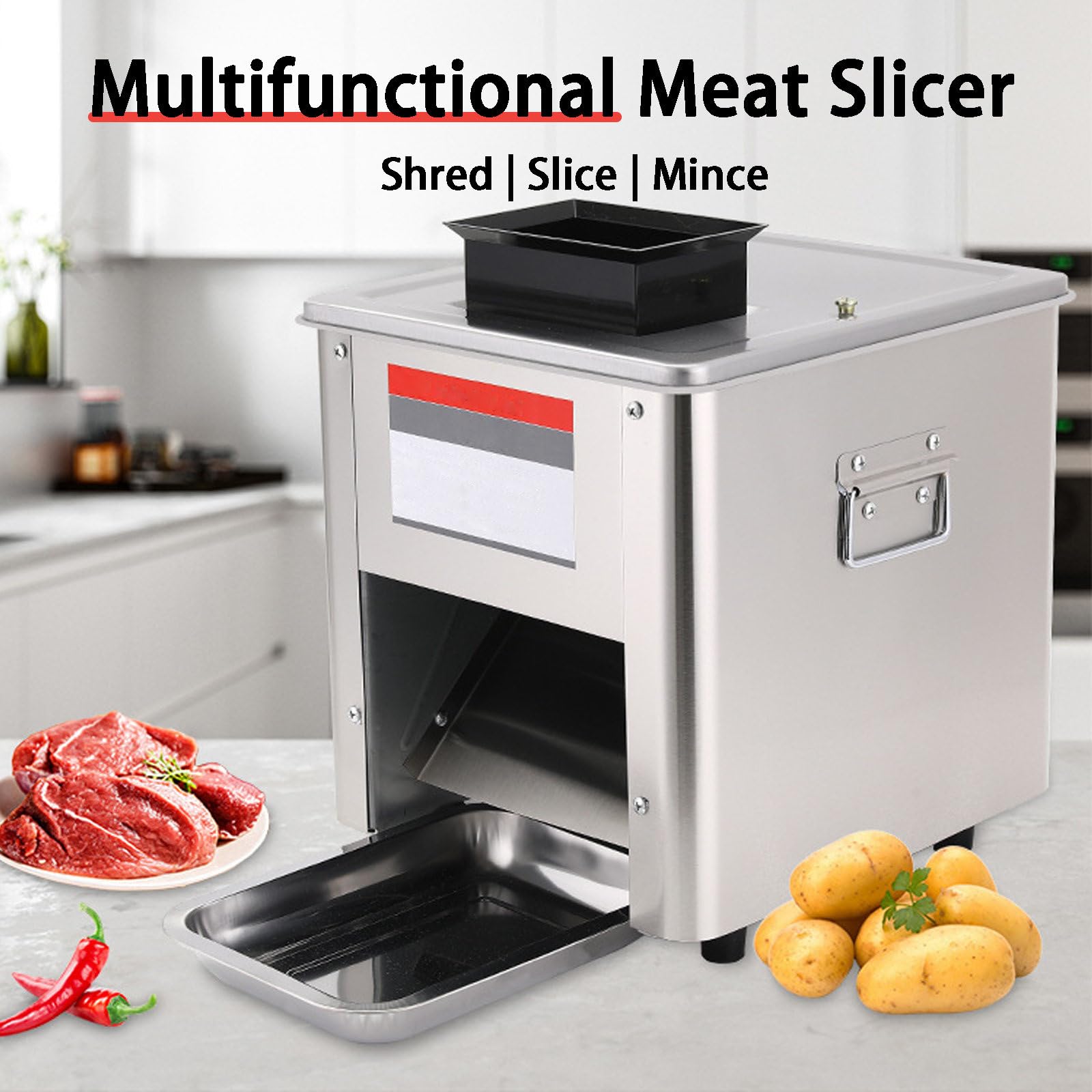 Affettatrice Elettrica Commerciale, 850W Affettatrice Verticale per Carne, con Vassoio, Affettatrice per Pesce, Manzo, Pollo e Verdure In Acciaio Inossidabile,3mm