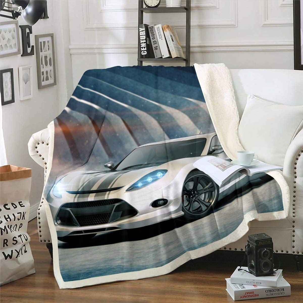 Loussiesd Boys Colour 2 Sports Car Throw Blanket Teens Adults Speed Extreme Sports Blanket Racing Car Fleece Blankets Automobile Style Sherpa Blanket For Couch Bed Sofa Plush Blankets Single 50"X60"