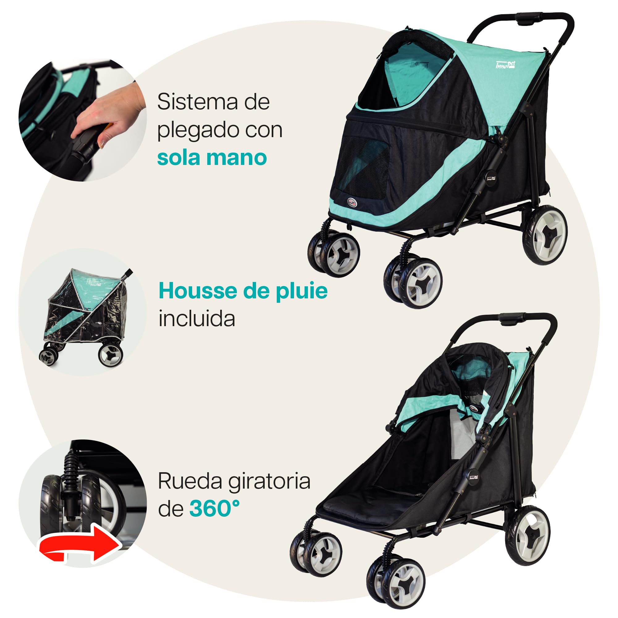 Innopet Mamut carrito grande azul - Cochecito para perros grandes hasta 50kg, incluye cubierta de lluvia, plegado rápido y ruedas delanteras giratorias
