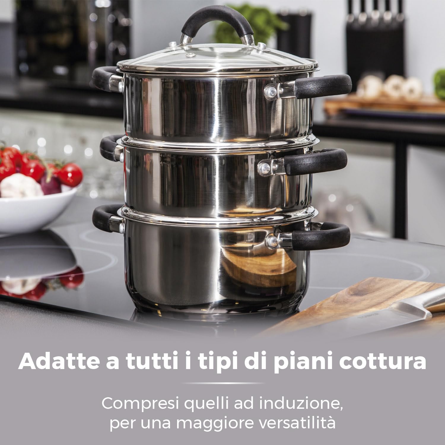 Tower T80836 Essentials Vaporiera Pentola Induzione per Cottura Vapore a 3 Ripiani con Coperchio in Vetro, in Acciaio Inox con Manici in Silicone, 18 cm, Argento