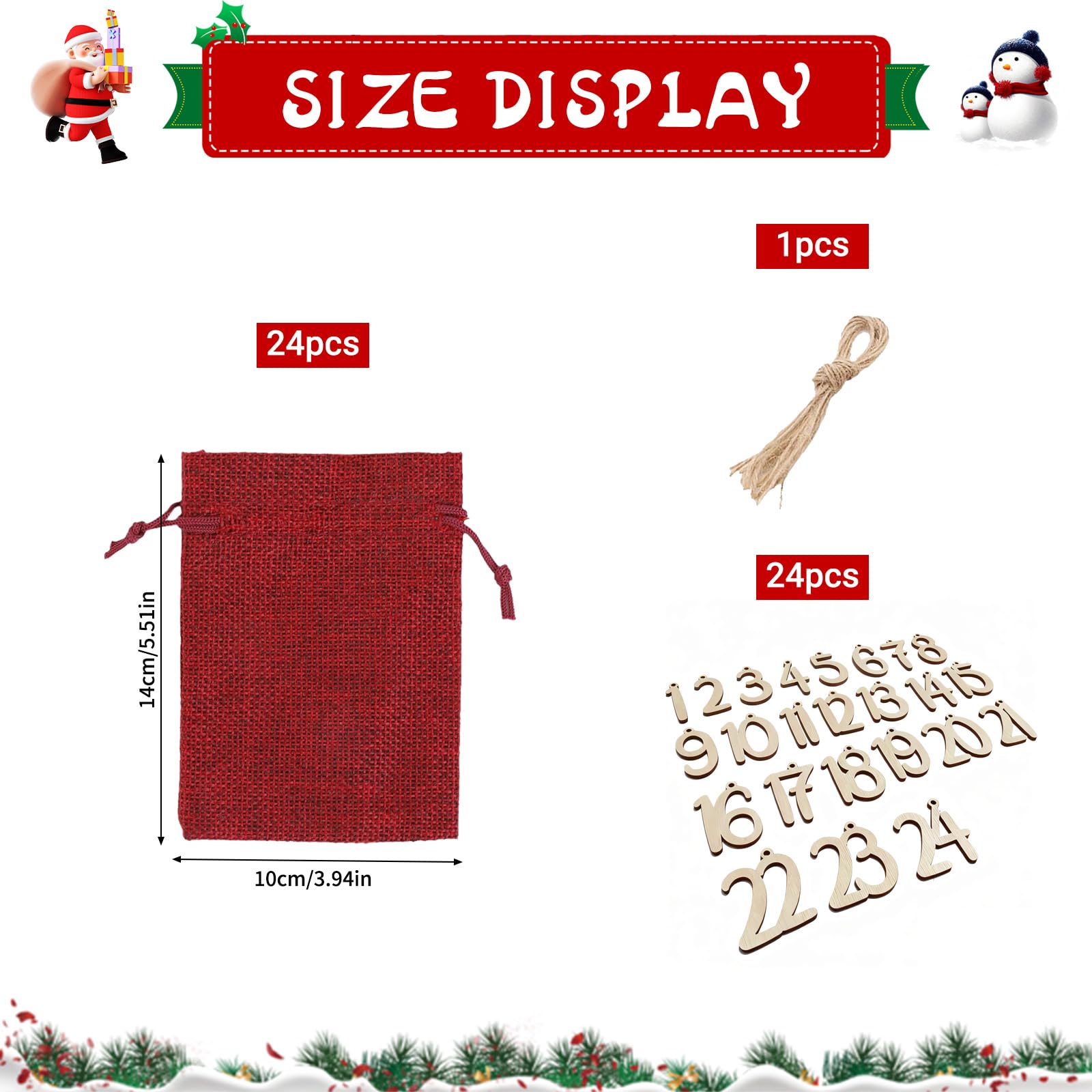 Calendrier de Noël à Remplir 24 Pièces Sacs pour Calendrier de l'Avent Vide DIY Cadeaux Pochon Tissu