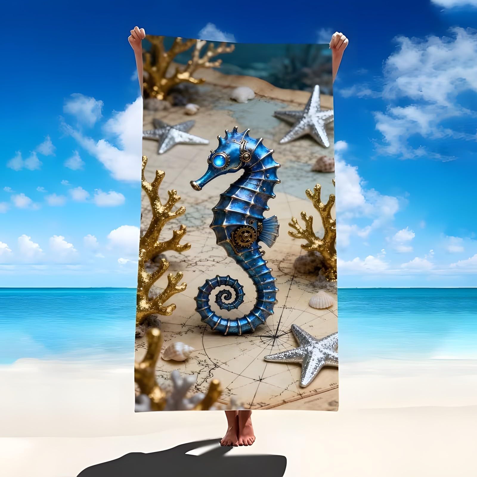 YZQGLHP Seahorses Microfibre Beach Towel Seaweed Beach Bath Towel Quick Drying, Lightweight, Sand-Free, Durable, for Pool, Gym, Camping, Travel Towel 180x200cm
