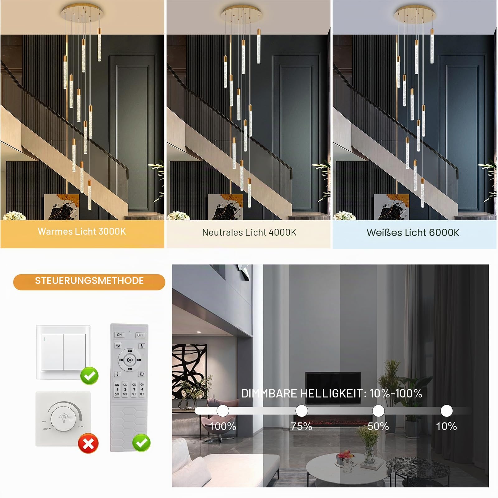 Qcyuui Gold Kristall Pendelleuchte, Dimmbare LED Treppenhauslampe | Modern-Minimalistische Deckenleuchte für Hohe Decken, Wohnzimmer und Esszimmer,Extra Groß und Höhenverstellbar