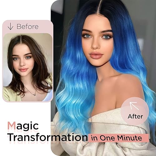 Miniatura 4 de WIGER Pelucas largas onduladas azules para mujer, color azul degradado, pelucas de cabello sintético largo y rizado para uso diario o cosplay