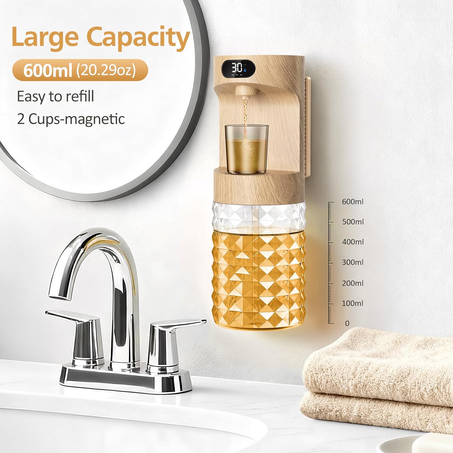 Automatic Mouthwash Dispenser for Bathroom,20.29 oz Mouth Wash Dispensers Bathroom Accessories Set with Magnetic Cups,4 Modes Wall Mounted Touchless Electric Mouthwash Dispensers for Home Kids Family