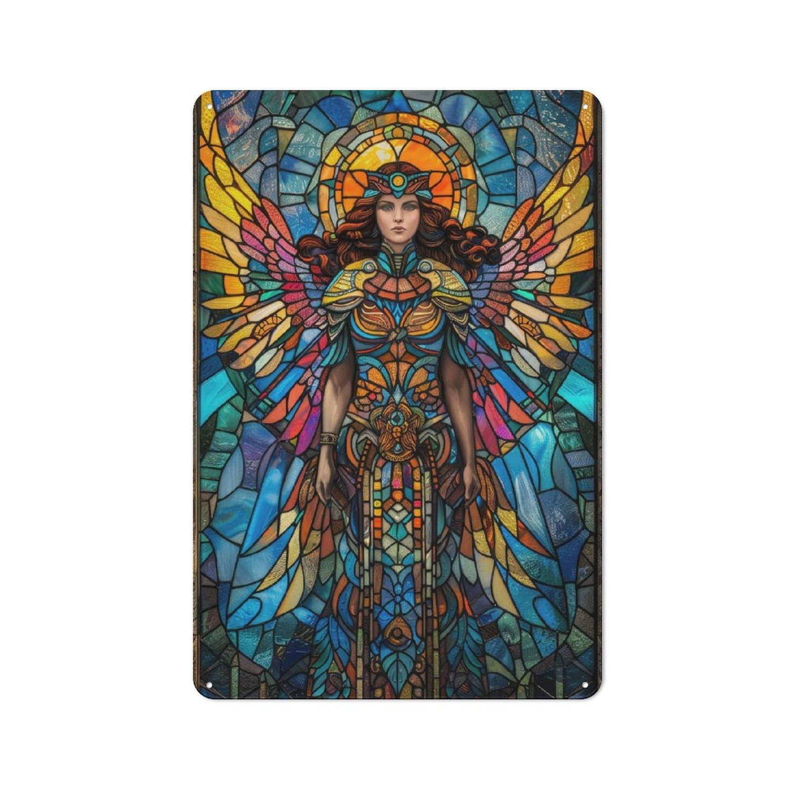 Junmoney Stained Glass Angel Metal Plaque 30X20cm With For Pub Or Café, Rustic Decor, For Pub Decor Enthusiasts