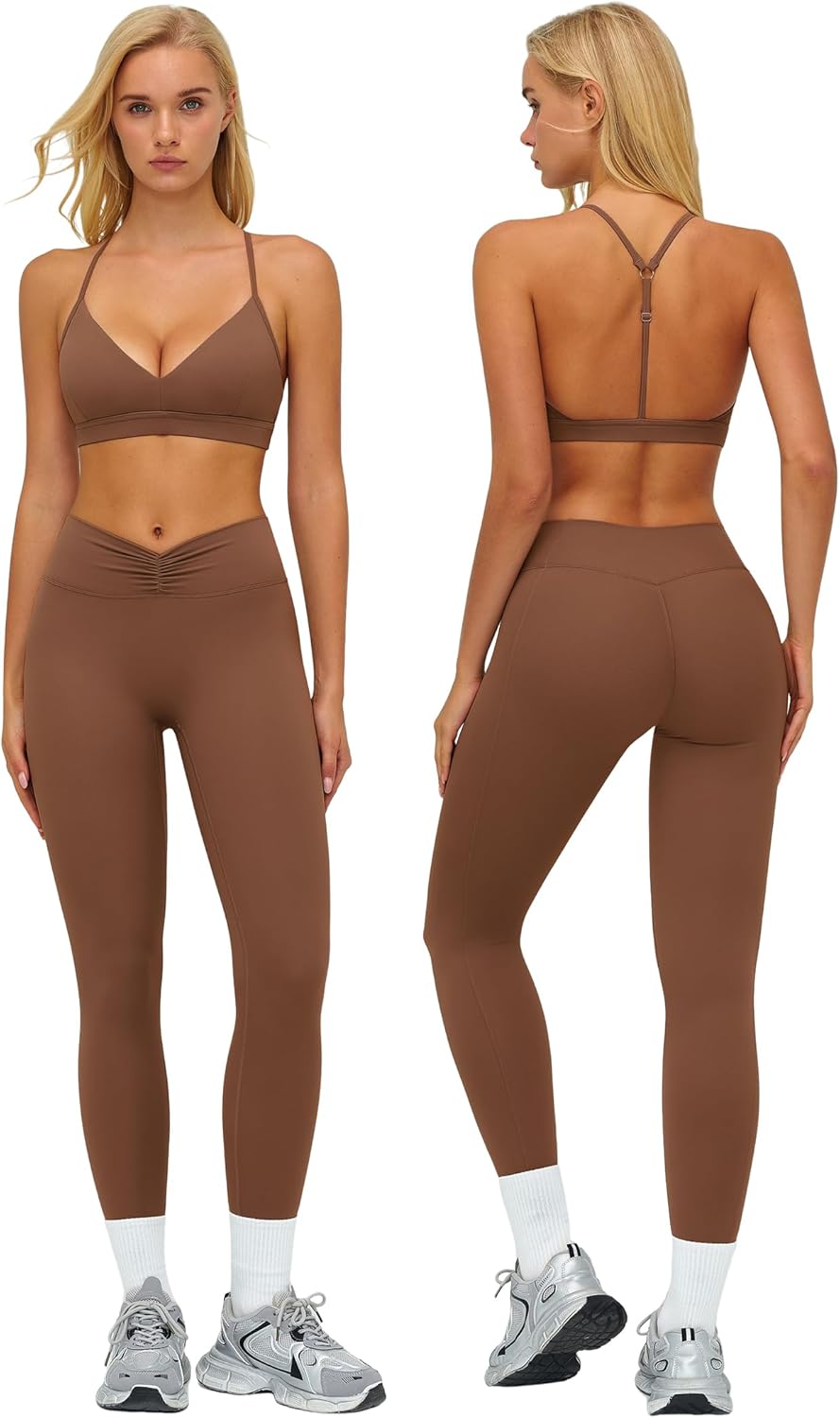 ABOCIW Womens Workout Sets V Neck Y Back Sports Bra Tummy Control High Waist Leggings 2 Piece Gym Yoga Pilates Outfits