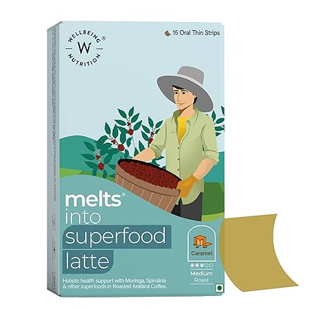 Wellbeing Nutrition Melts Superfood Latte (15 Oral Strips) | Arabica Coffee, Spirulina, Ashwagandha & Moringa for Holistic Health, Immune Support & Stress Relief | Caramel Latte Flavor