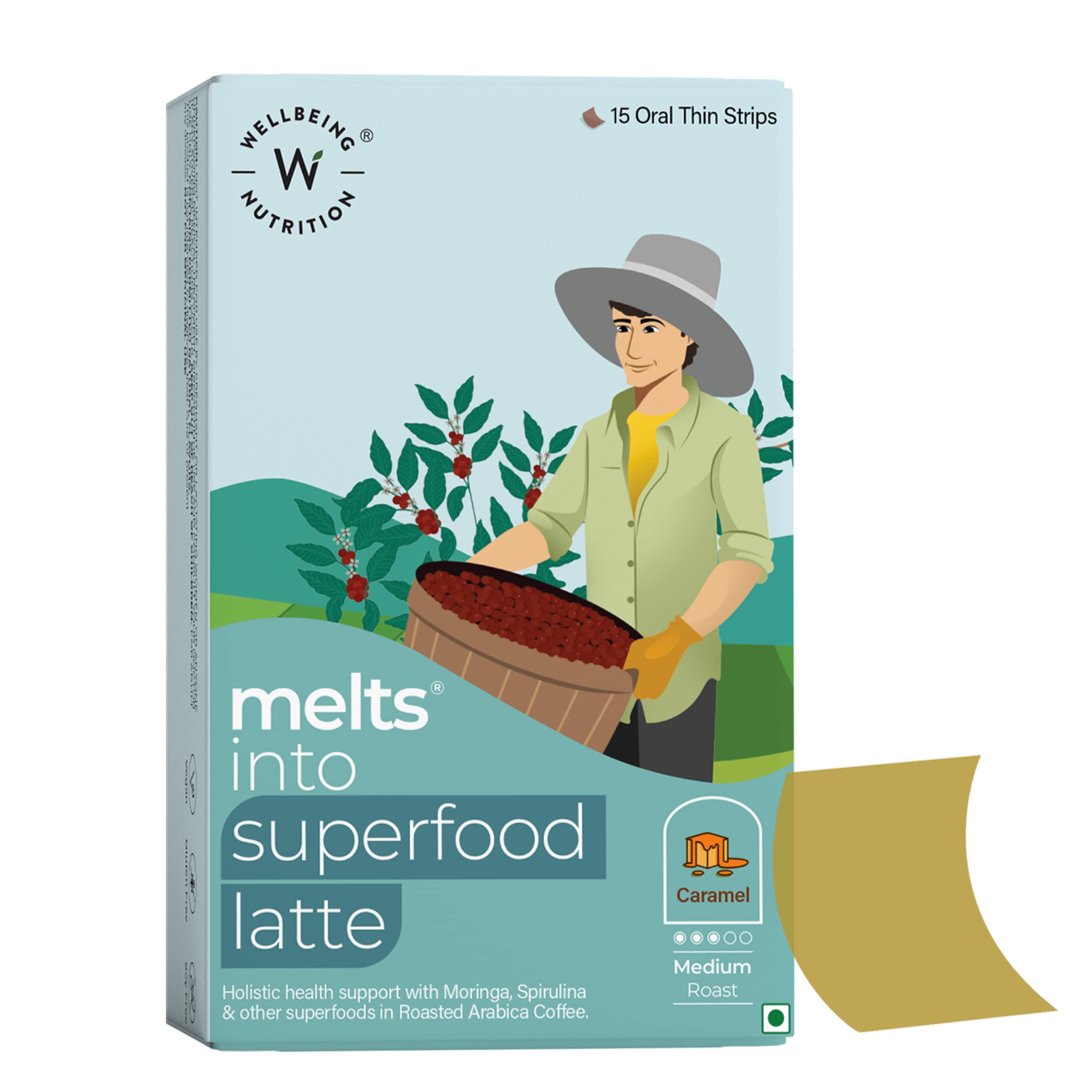 Wellbeing Nutrition Melts Superfood Latte | Arabica Coffee, Spirulina, Ashwagandha & Moringa for Detox, Antioxidants, Immunity & Stress Relief | Caramel Latte Flavor, 15 Oral Strips