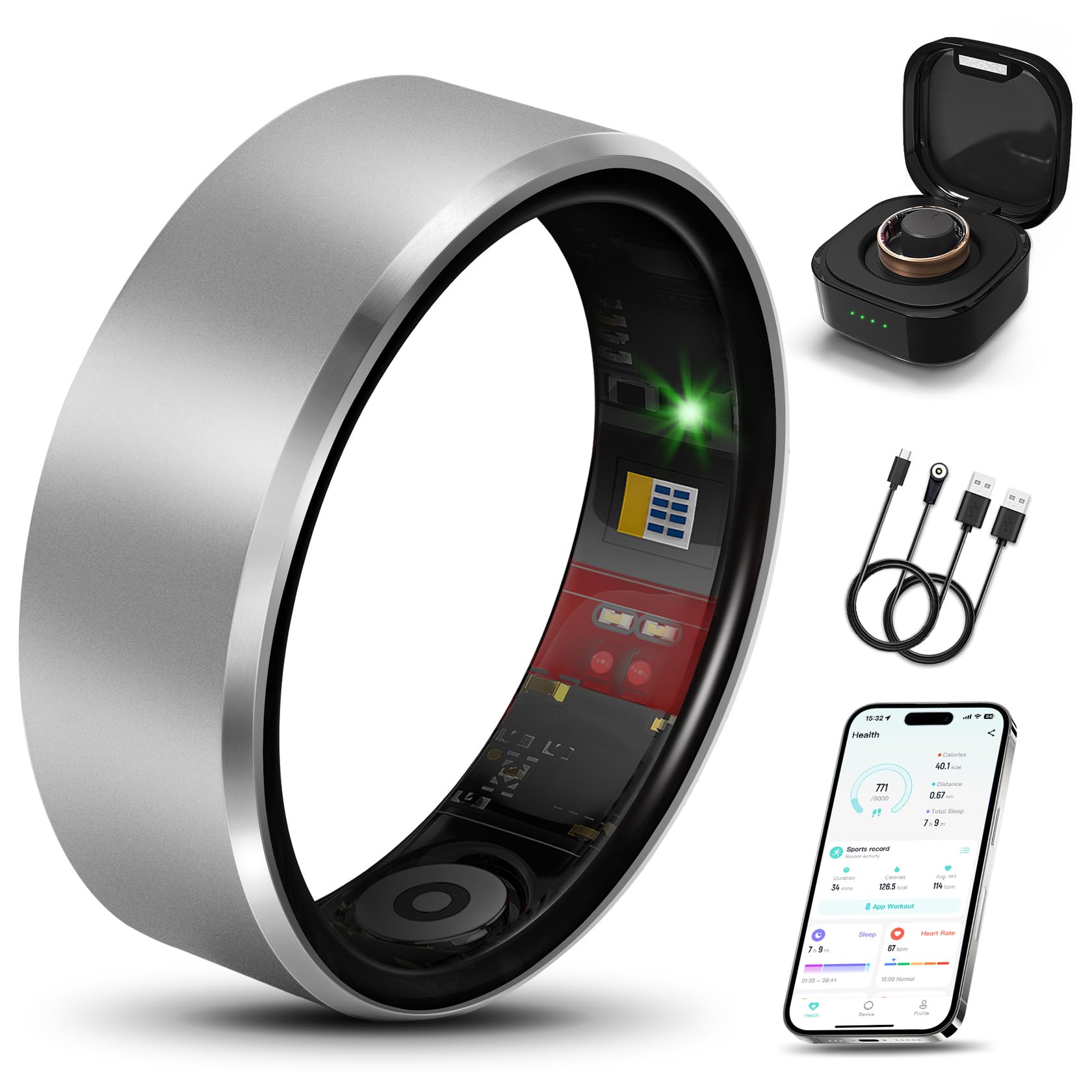 Smart Health Ring 2.0 per donne e uomini, design sottile resistente a graffi e impronte digitali, efficiente chip fitness tracker, monitora cuore, ossigeno nel sangue e pressione, sonno, passi