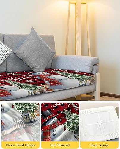 Miniatura 4 de Wowouhiya Red Plaid Christmas Snowman Couch Cushion Covers, Stretch Sofa Cover with Elastic Bottom, Xmas Tree Winter Snowflake Sofa Slipcovers