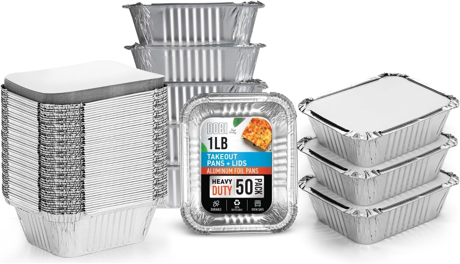DOBI Small Aluminum Pans with Lids (50 Pack) - 1lb Disposable Foil Pans with Lids, to-go Mini Tin Foil Food Containers for Meal-Prep, Freezing, Take out and sending leftovers