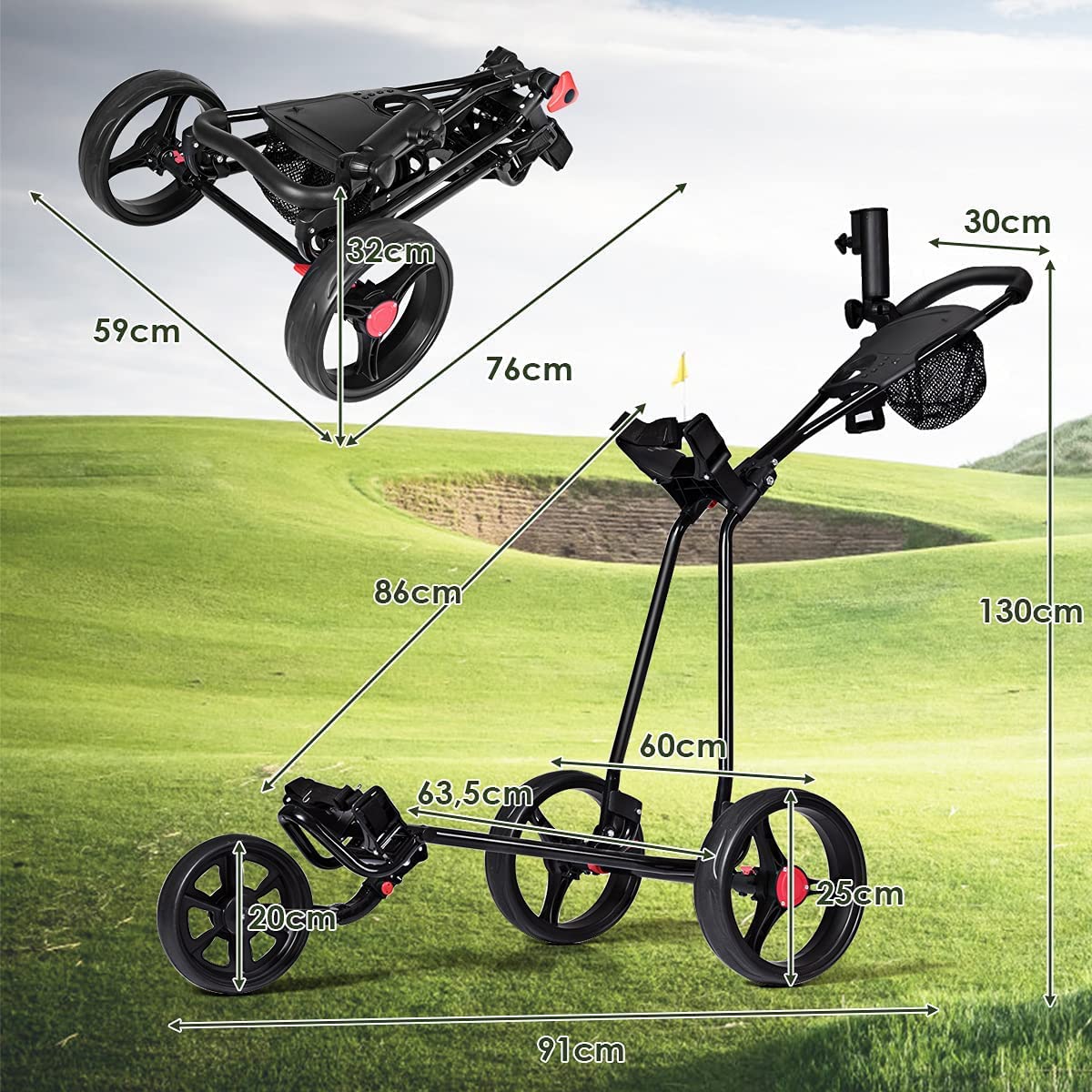 GYMAX Chariot de Golf à 3/4 Roues, Voiturette Golf Pliable avec Poignée Réglable et Sacs en Maille, Chariot de Golf Manuel avec Roues Amovibles avec Freins