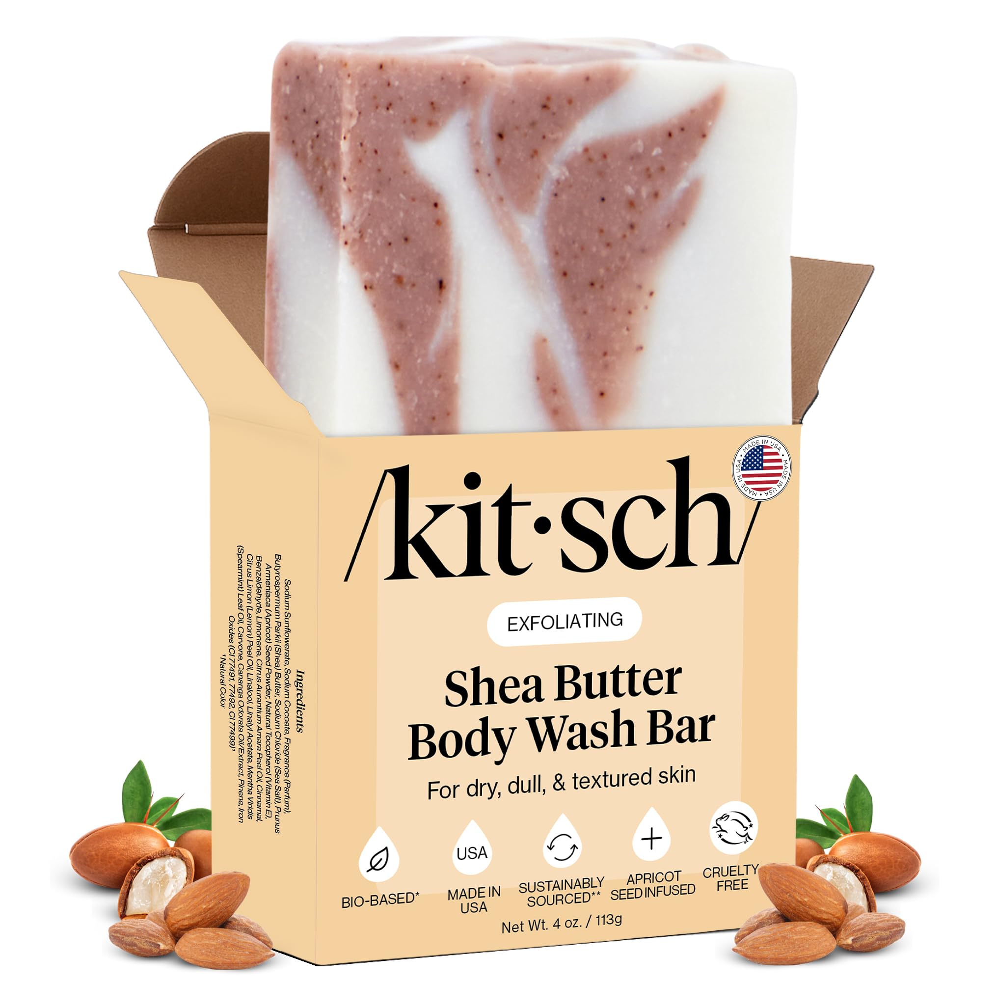 Kitsch Shea Butter Exfoliating Body Wash Bar – Moisturizing Bar Soap & Gentle Soap Bar with Plant-Based Exfoliants – Hydrates, Softens & Soothes Skin – Paraben, Silicone & Sulfate-Free - 4 oz