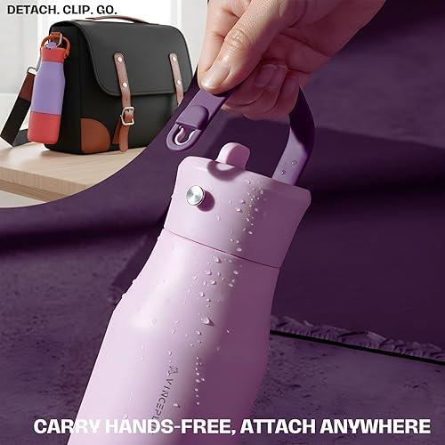 Miniatura 3 de Botella de agua vibrante al vacío de doble pared de acero inoxidable con tapa a prueba de fugas, base de silicona antideslizante y correa de