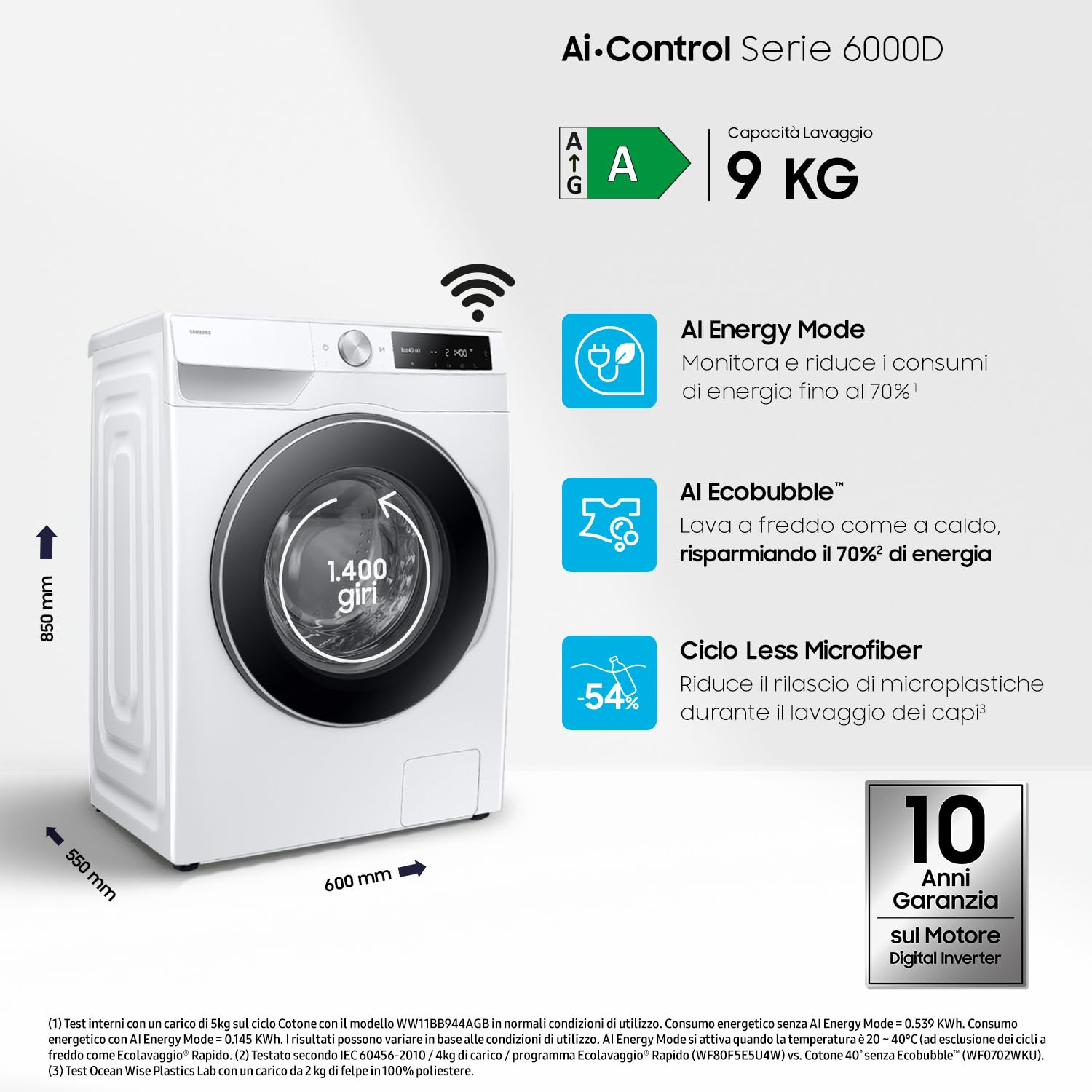 Samsung Lavatrice AI Control WW90DG6U25LE/U3 Libera installazione, 9 Kg, 1400 RPM, Wifi, Ecolavaggio Rapido 39', Vapore, Carica Frontale, 60l x 85h x 55p cm