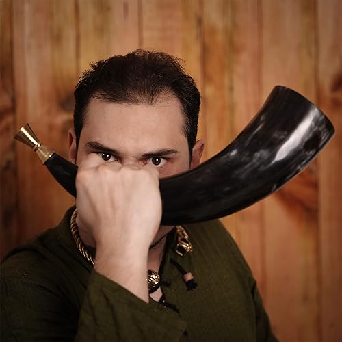 Miniatura 9 de Lord of Battles Cuerno de guerra vikingo, cuerno de soplado medieval con boquilla de latón macizo, cuerno genuino corneta