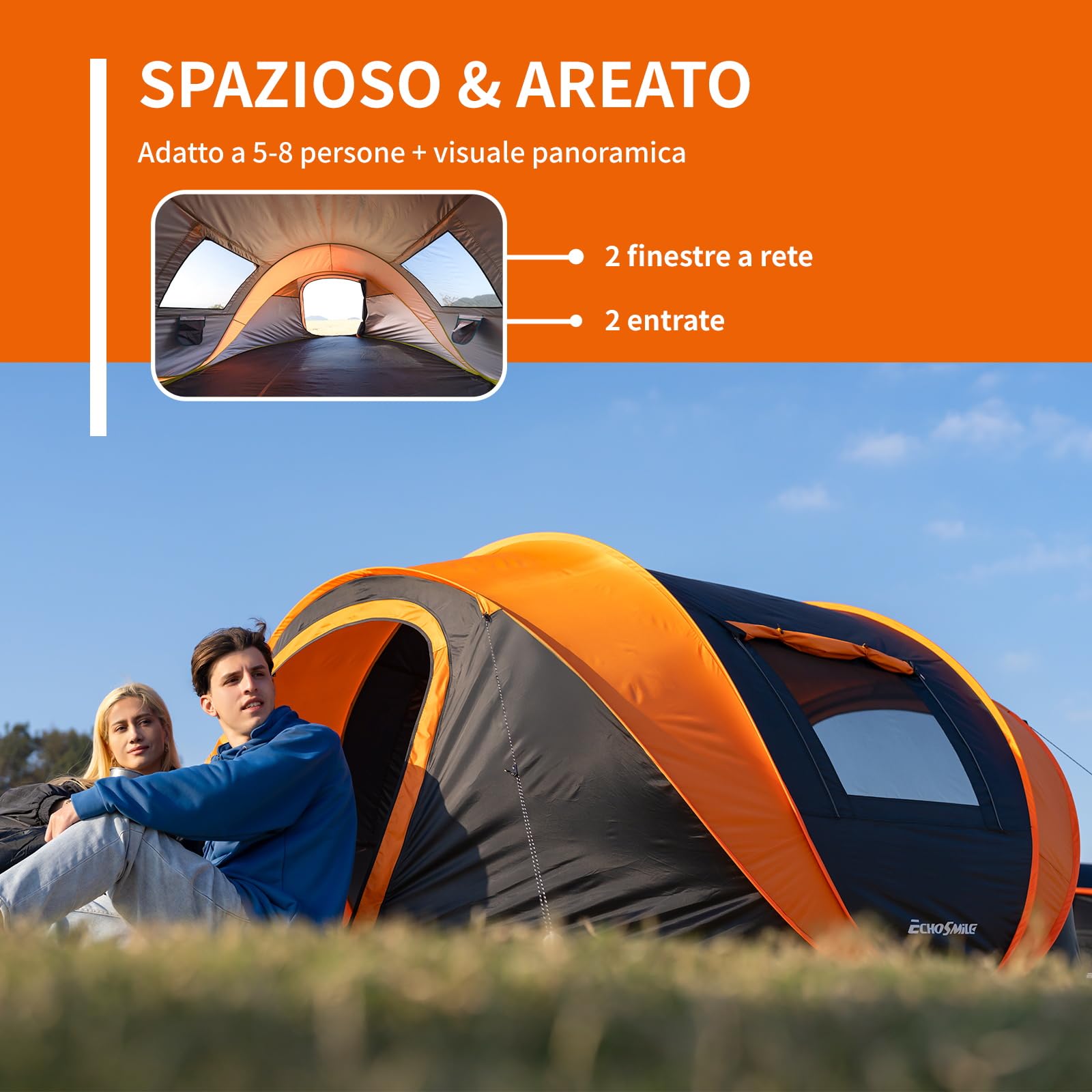 EchoSmile Tenda da Campeggio Pop Up 2/4/6 Posti Istantanea Tenda Campeggio | Portatile,Facile Installazione,Protezione dal Sole,Ventilata Antivento e Impermeabile Picnic,Trekking e Attività All'aperto