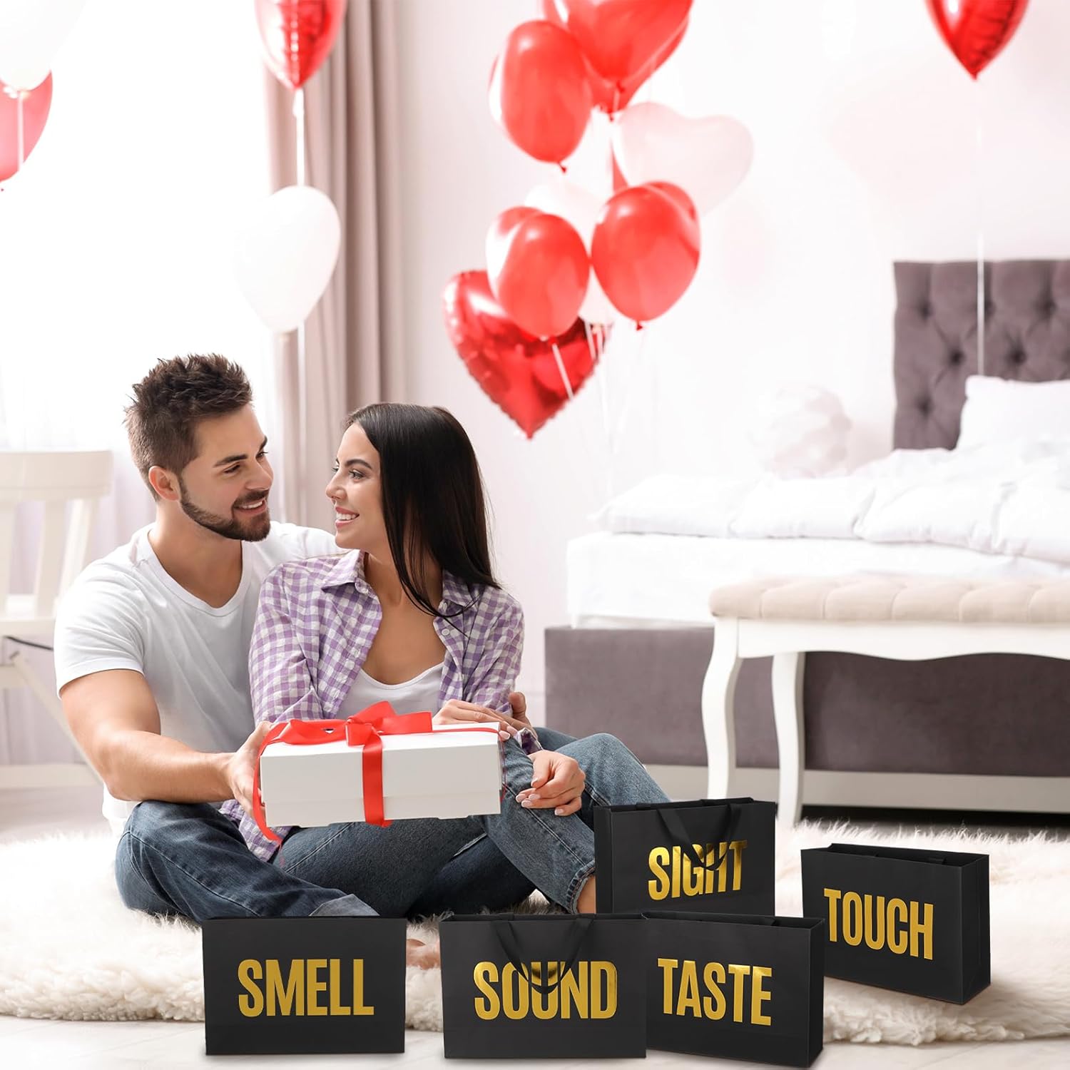 Kolldenn Valentine's Day 5 Senses Gift Bags for Him Her, Valentine Five Senses Gift Paper Kraft Bags with Ribbon Handle for Lover Husband Boyfriend Birthday Party(Black,9.8 x 6.7 x 3.1 Inches) thumbnail