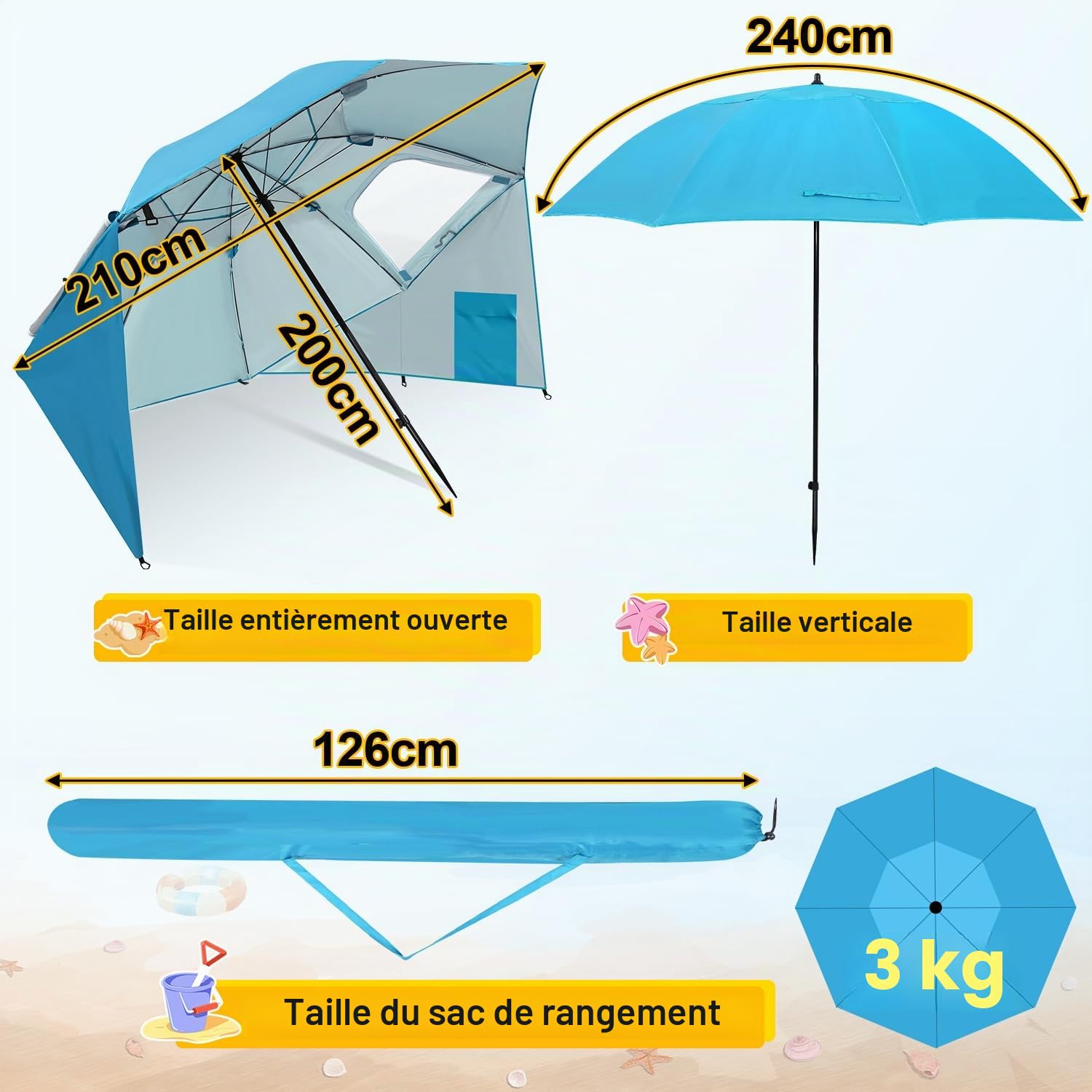 Herrselsam Parasol tente de plage | Parasol robuste 2 en 1 pour plage et jardin | Crème solaire imperméable anti-UV | Pliable multifonctionnel | Bleu ciel