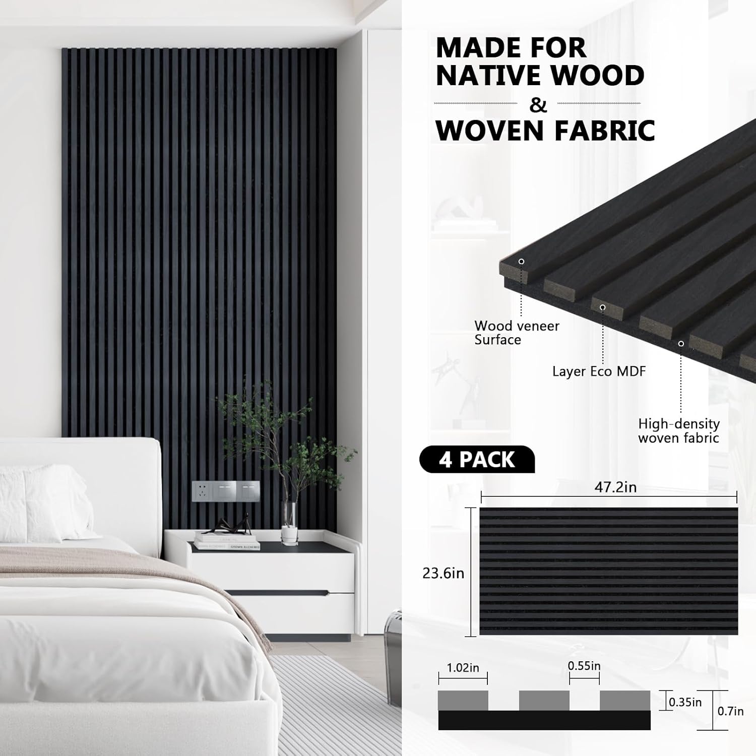 Acoustic Wall Panels, 2 Pack Wood Slat Wall Panel, Soundproof Wall Panels, 3D Textured Wall Decor for Ceiling and Wall, 47.2" x 23.6", in Black Oak Finish