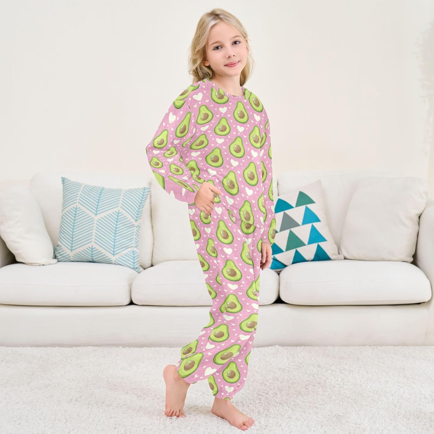 Kids Flannel Sets Pattern with Avocado and Love Heart Warm Plush Relaxed Clothing for Boys and Girls