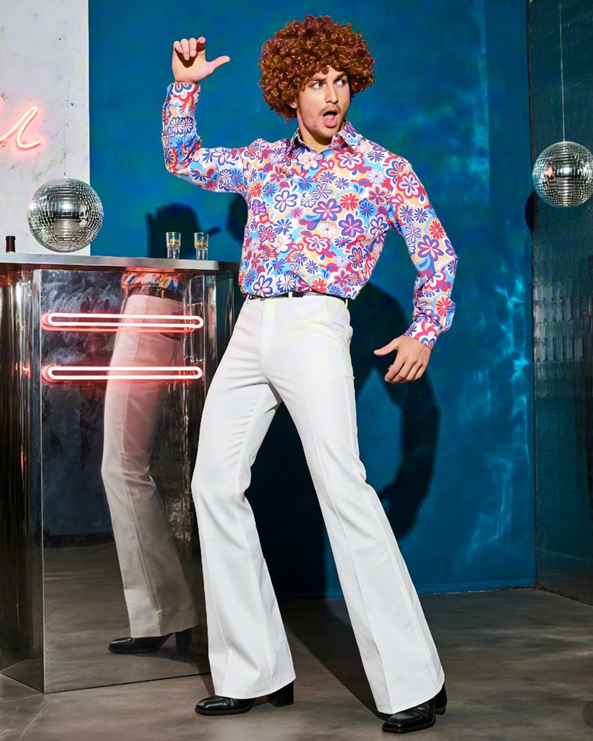 70s Disco Outfits for Men 70's Retro Clothes Shirt Bell Bottom Pants Vintage Hip Hop Costume with Wig Accessories - Image 5