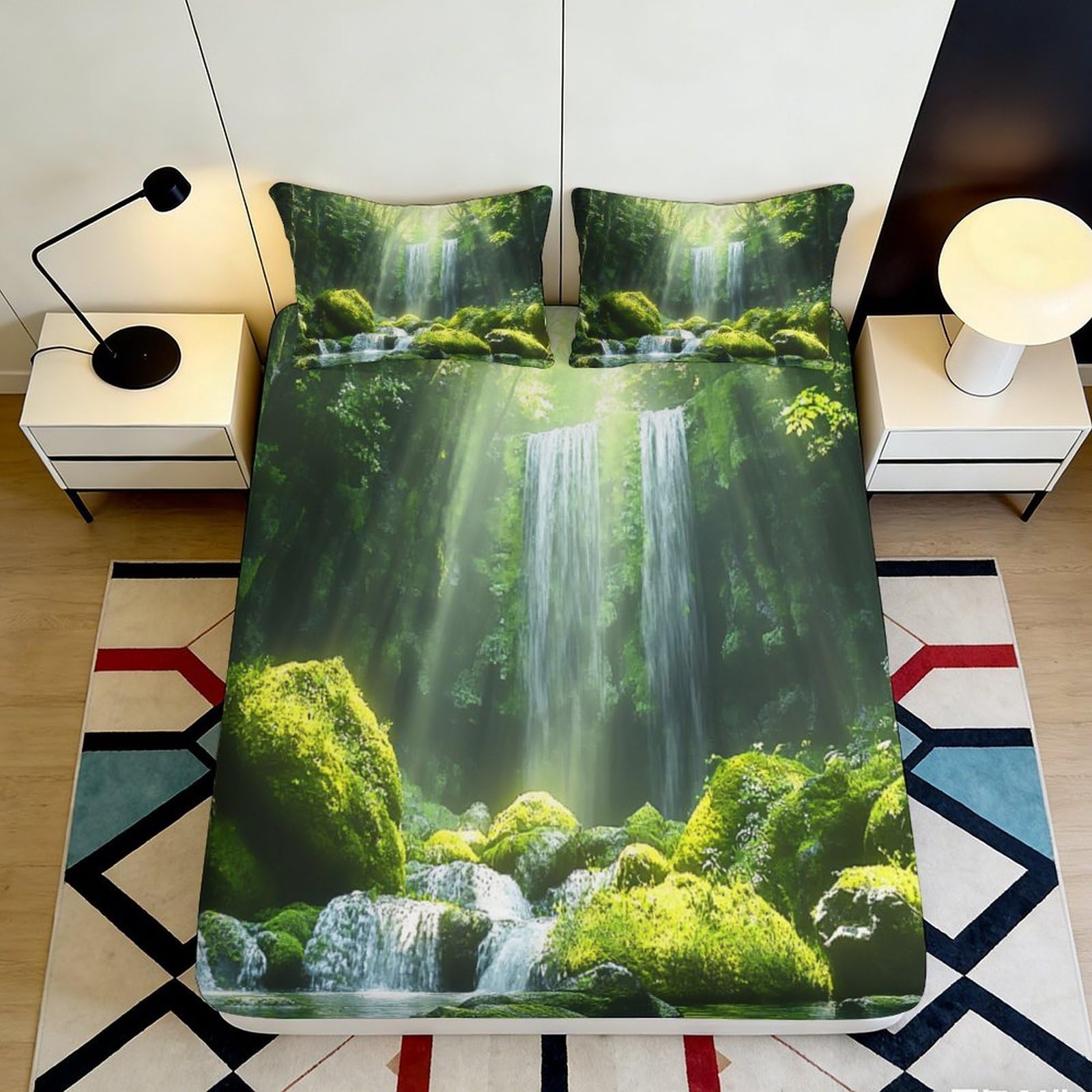 3D Printed Waterfall Forest Fitted Sheet Microfiber Soft Anti-Slip Moss Stream Mattress Cover for Bedroom Guest Room 90x200x25cm