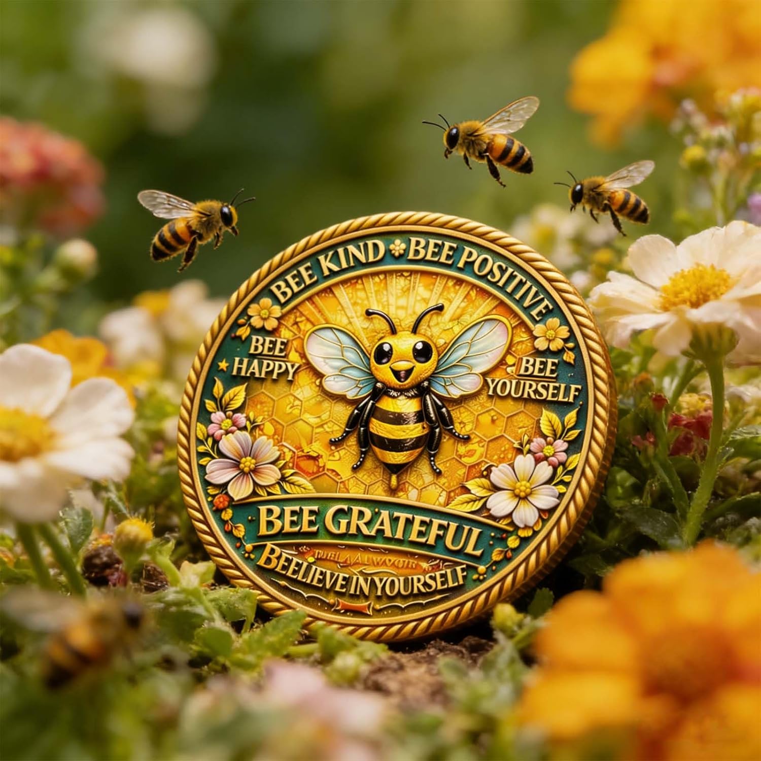 2026 New Bee Kind Positivity Challenge Coin Don't Forget to Bee Awesome Token Double-Sided Inspirational Bee Toke, Gift for Women, Men & Friends (Honeycomb-10 Pcs)