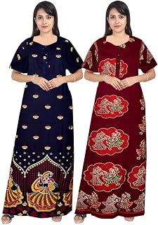 GORANGANI Jaipuri Cotton Printed Maternity Front Zipper Full Length Maxi Nighty Gown (Pack of 2) Price In India