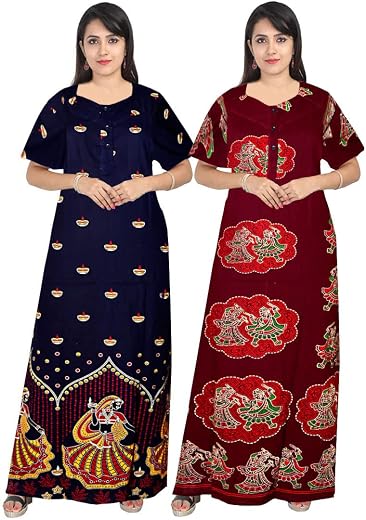 GORANGANI Jaipuri Cotton Printed Maternity Front Zipper Full Length Maxi Nighty Gown (Pack of 2)