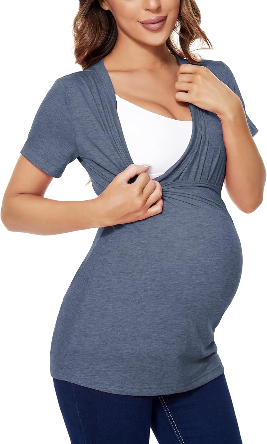 Liu & Qu Women's Maternity Nursing Tops, Layered Wrap for Breastfeeding, V-Neck Short Sleeve Tee Shirts 3 Packs