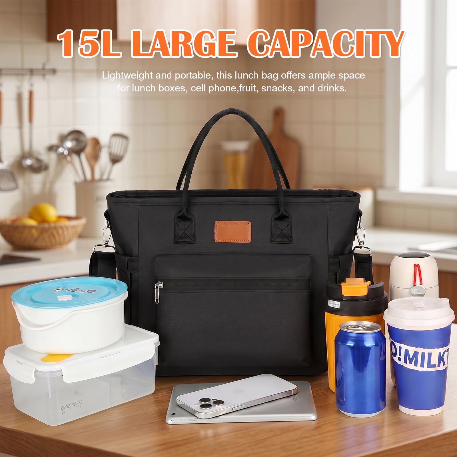 Nanxson ha isolato la borsa di pranzo per gli uomini delle donne le borse termiche del pranzo il contenitore di pranzo per il picnic di lavoro (15.5L, Nero)