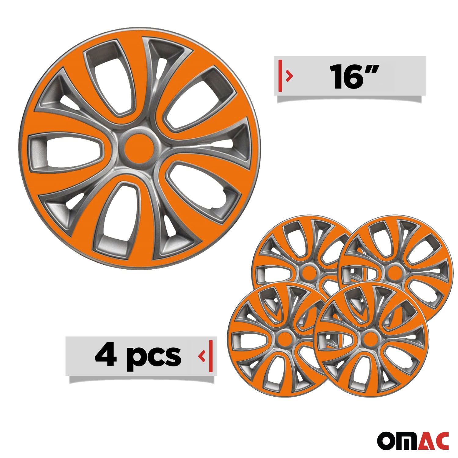 OMAC Lot de 4 enjoliveurs 16" compatibles avec voiture ABS | Enjoliveurs pour jantes en acier | 1 jeu (4 pièces) gris/orange avant et arrière