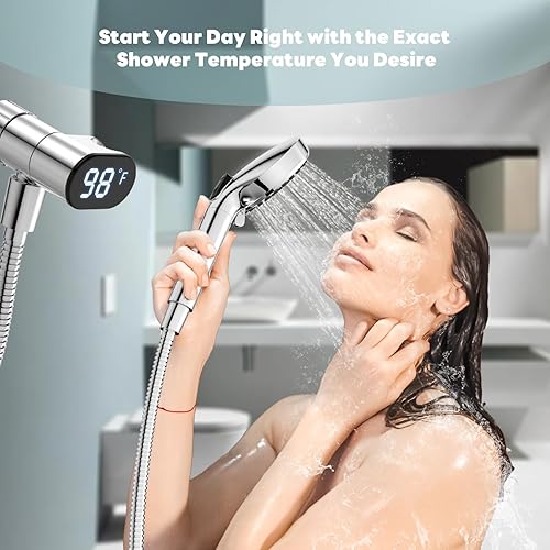 Miniatura 4 de JDO Soporte de cabezal de ducha para cabezal de ducha, soporte de montaje con pantalla LED, termómetro de ducha impermeable IPX7, adecuado para baño