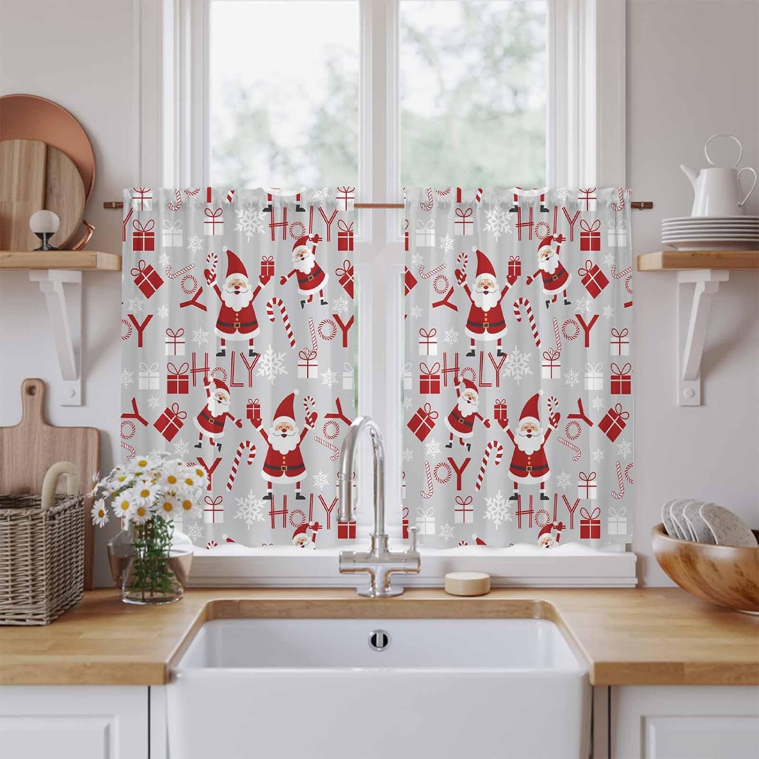 Christmas Santa Claus Kitchen Curtains 45 Inch Long 2 Panel Set, Rod Pocket Window Treatment, Joy Xmas Snowflake New Year Light Filtering Panels Short Drapes for Bathroom Camper 42"W x 45"L