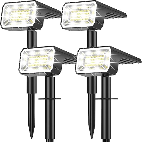 Miniatura 11 de Luces solares de 3 colores para exteriores, impermeables, IP65, para patio, 52 LED, 600 lúmenes, focos solares de paisaje, luces de pared de Blanco