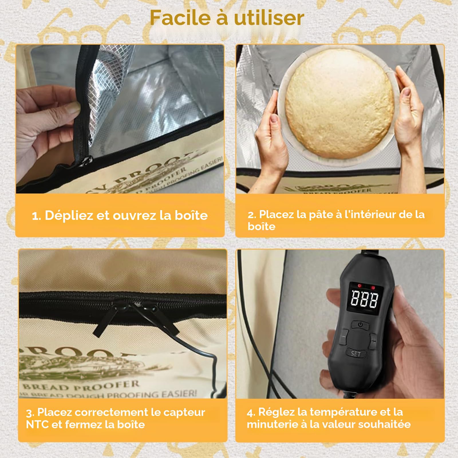 Boîte de fermentation à pain, boîte à pain électrique polyvalente avec capteur de température NTC insérable de 50~113 °F, affichage numérique, minuterie de 0 à 12 heures pour yaourtières au levain