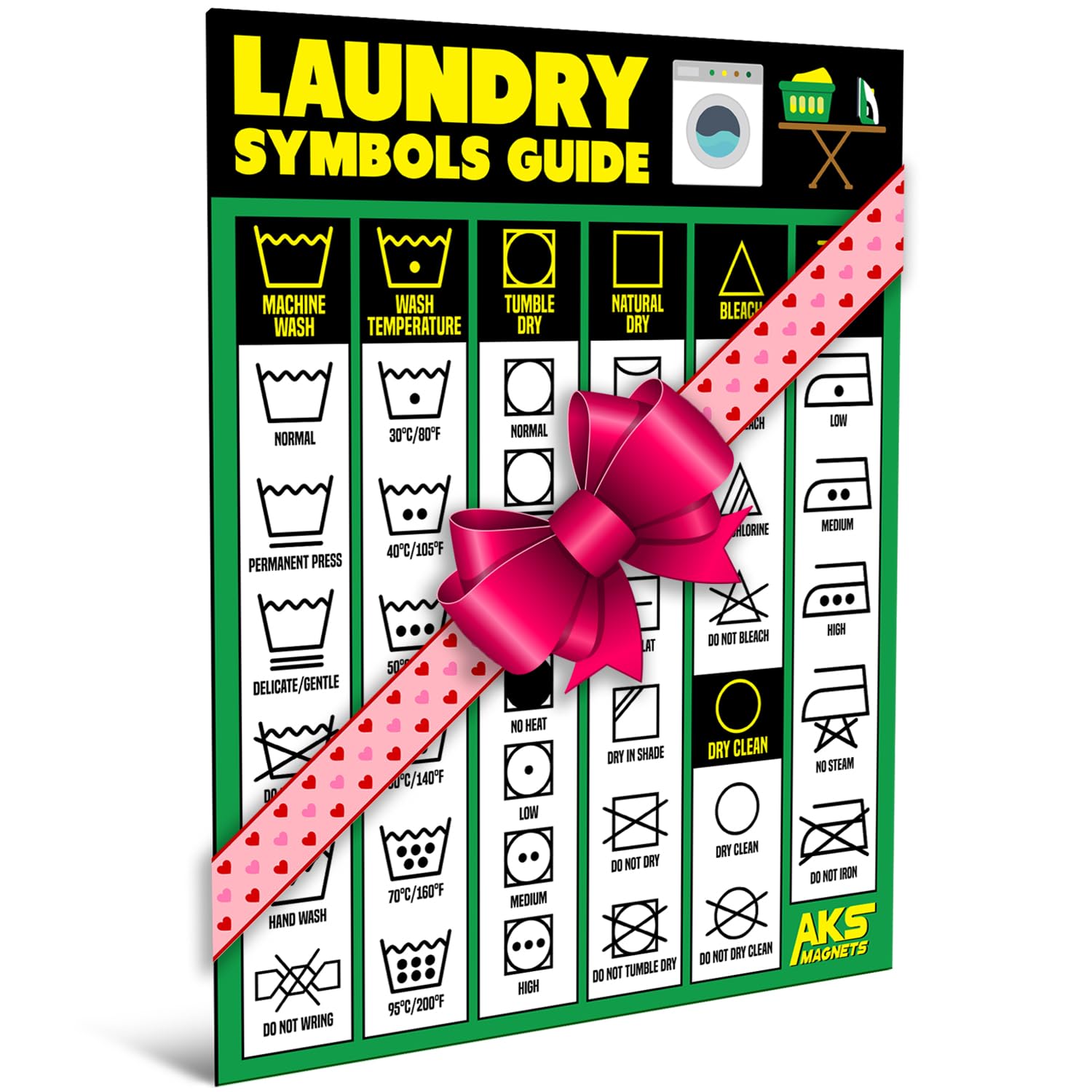 Laundry Symbols Guide Magnet - Extra Large Easy to Read 8.5” x 11” Clothing Care Instruction Cheat Sheet – Washing, Drying, Ironing & Bleaching Accessory - Functional Modern Laundry Room Art Decor
