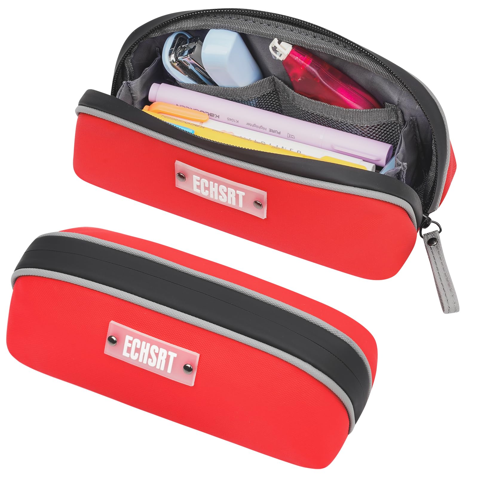 ECHSRT Pencil Case, Open Flat Pencil Pouch for Men Women, Small Pencil Pen Holder Bag for Adults, Portable Zipper Pencil Organizer Box for Office Stationery Home Travel, Red