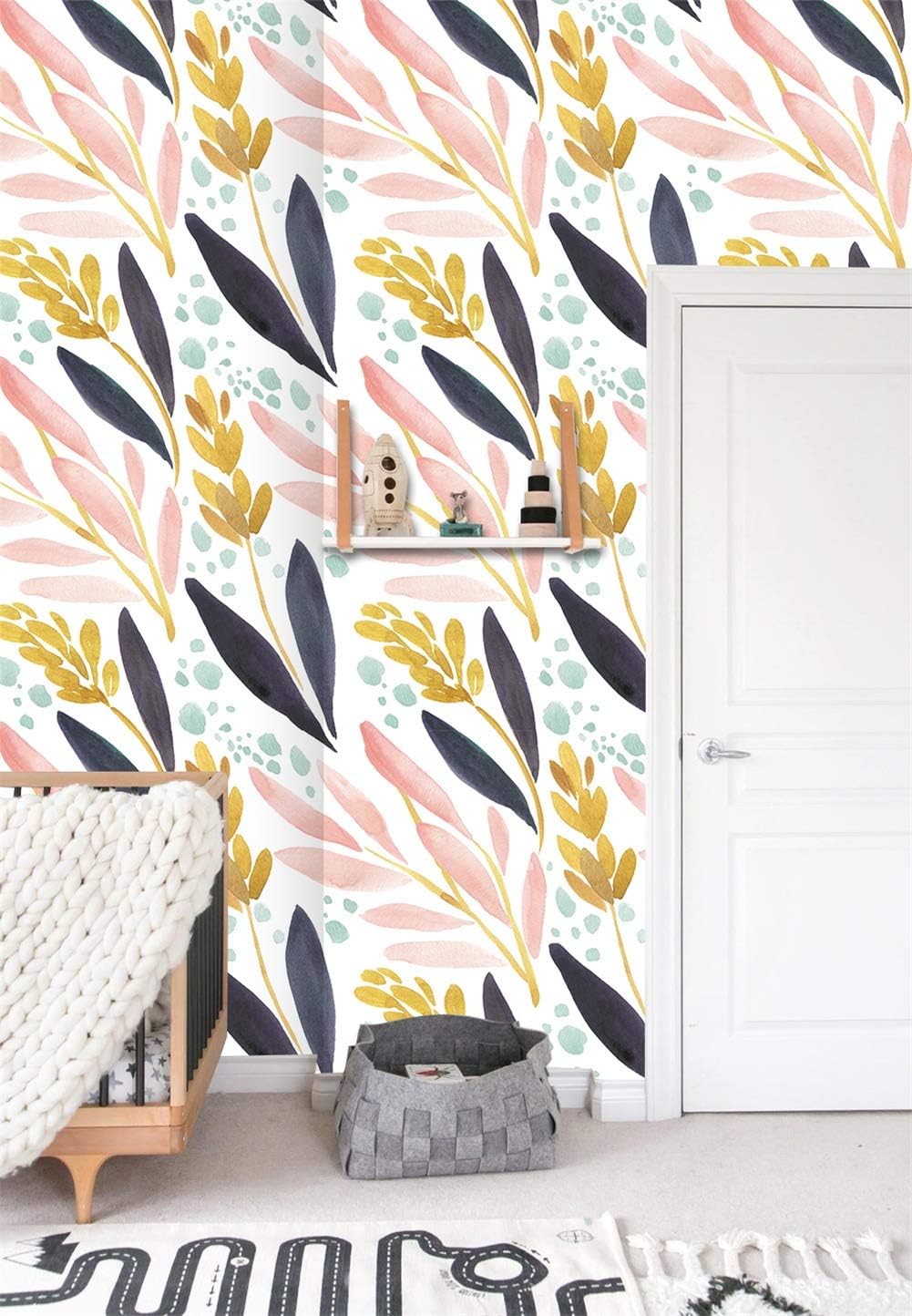 HAOKHOME Watercolor Forest Peel and Stick Wallpaper Removable White/Pink/Navy/Yellow Floral Vinyl Self Adhesive Shelf Liner 17.7in x 9.8ft