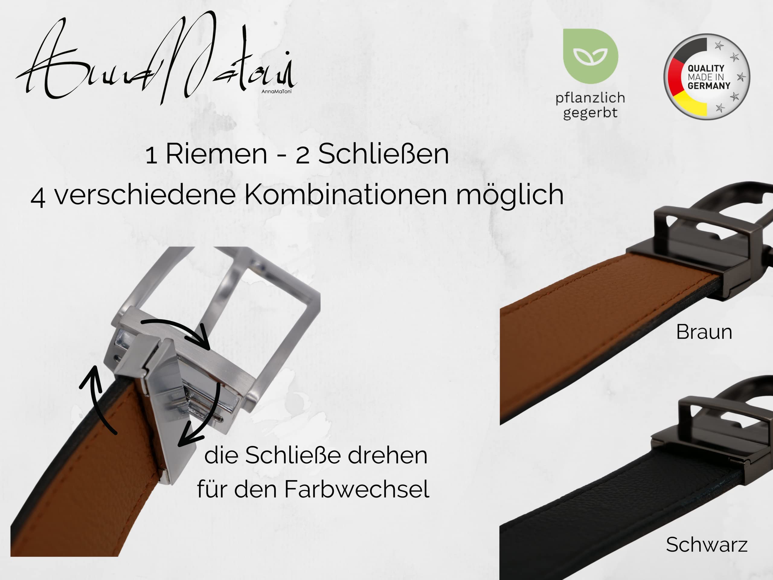 AnnaMatoni Gürtel Herren Ledergürtel Geschenk-Box Wendegürtel aus Nappa Leder 3,5cm breit Größe Kürzbar Braun und Schwarz 130cm